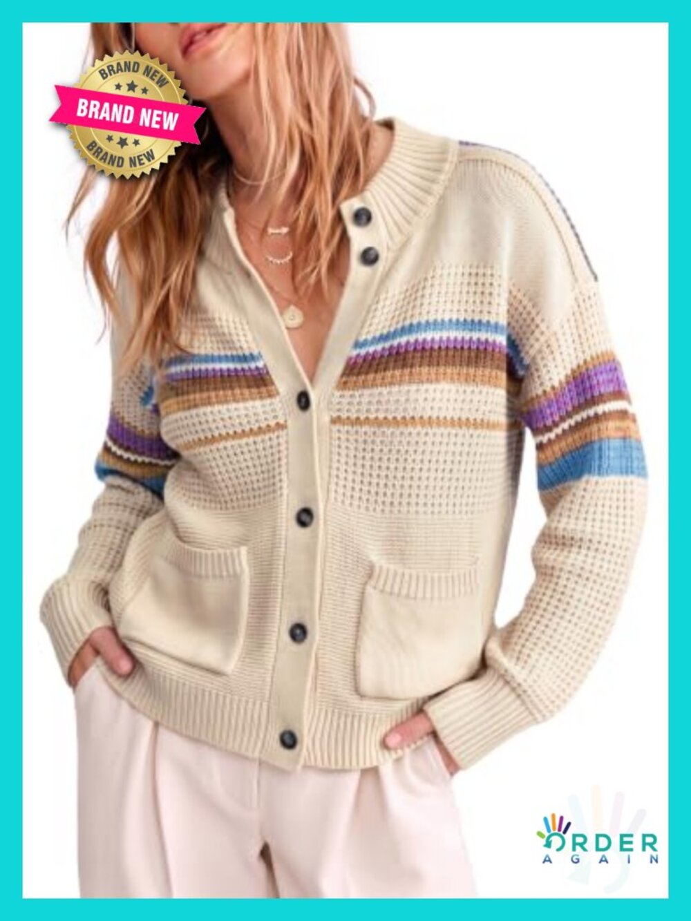 Womens Cardigan Sweater Rainbow Striped Cable Knit Fall Layer
